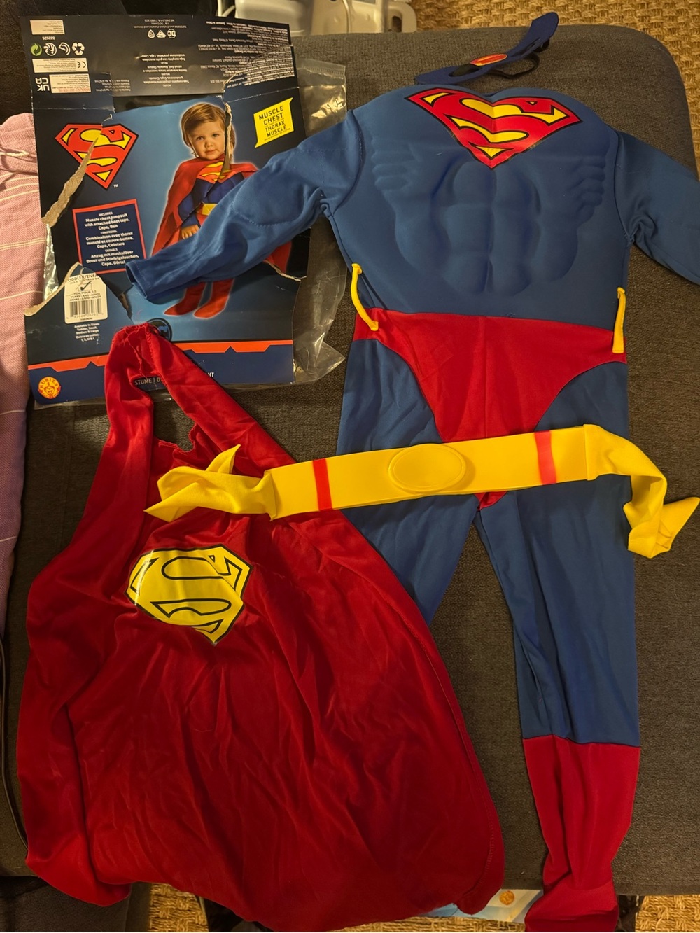 DC Supergirl Inspired Muscle Jumpsuit Costume in Blue, Red & Yellow - 2-4T